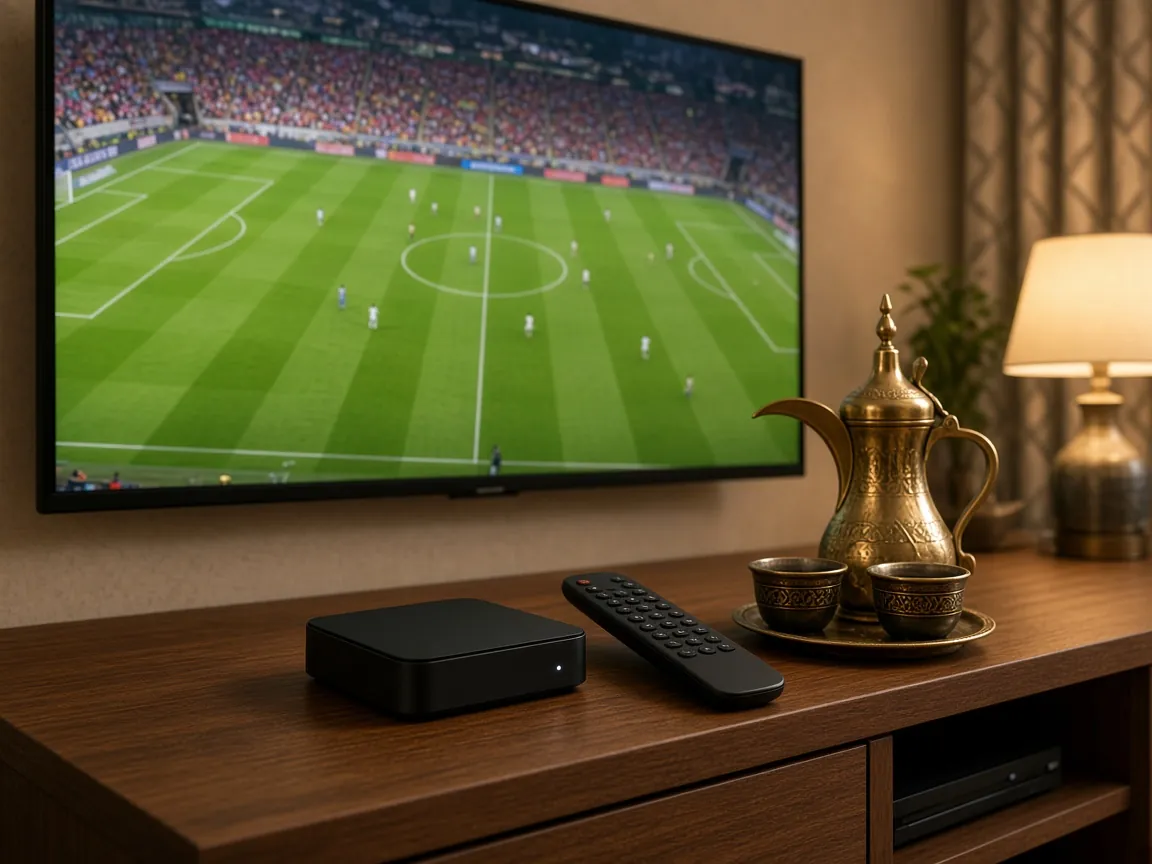 Android TV box under a TV showing live football in a Kuwait living room