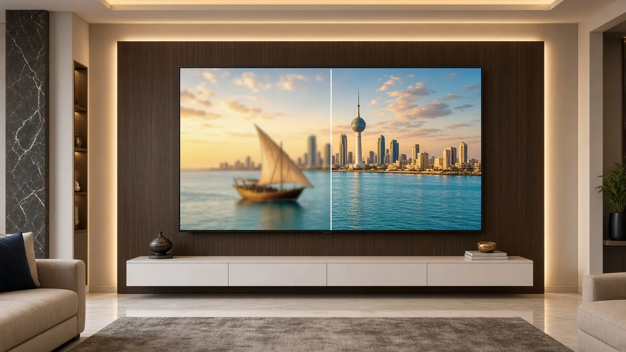 HD and 4K picture quality compared on a TV showing a dhow on Kuwait Bay