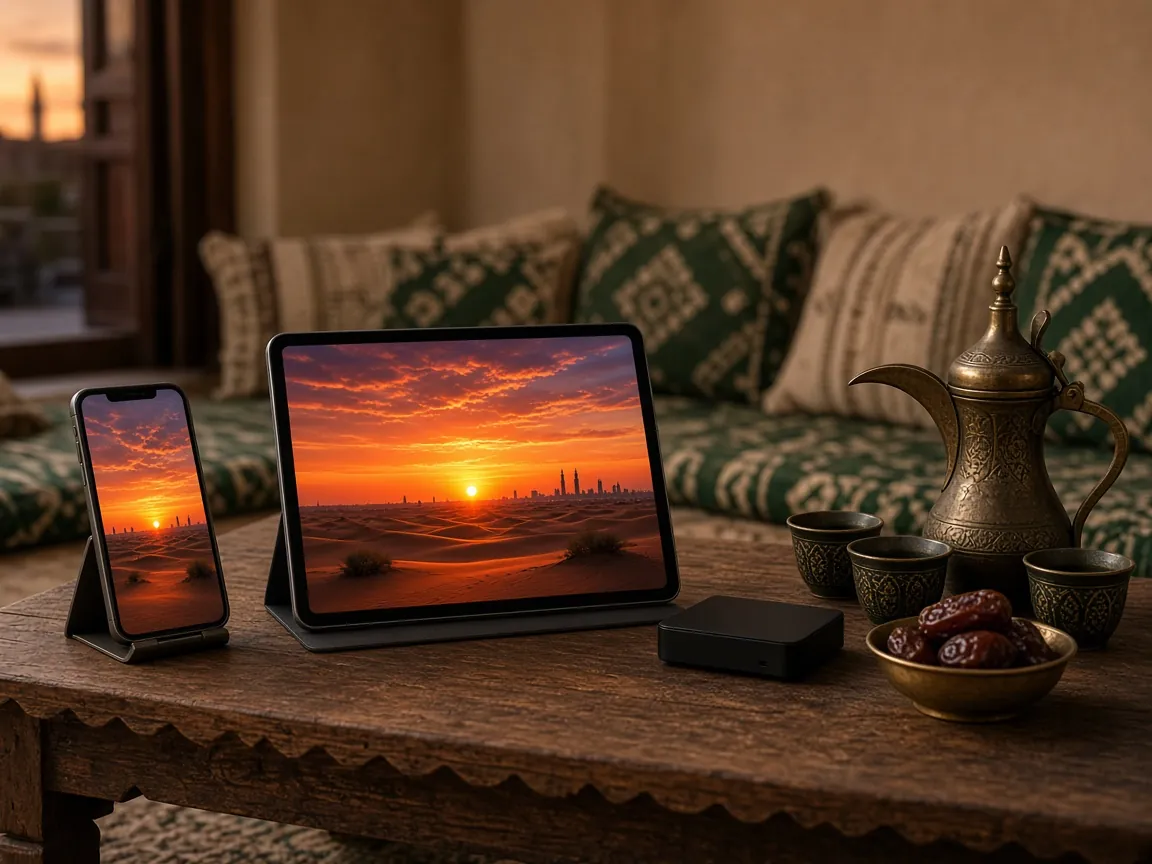iPhone, iPad and a streaming box on a table in a Kuwaiti majlis