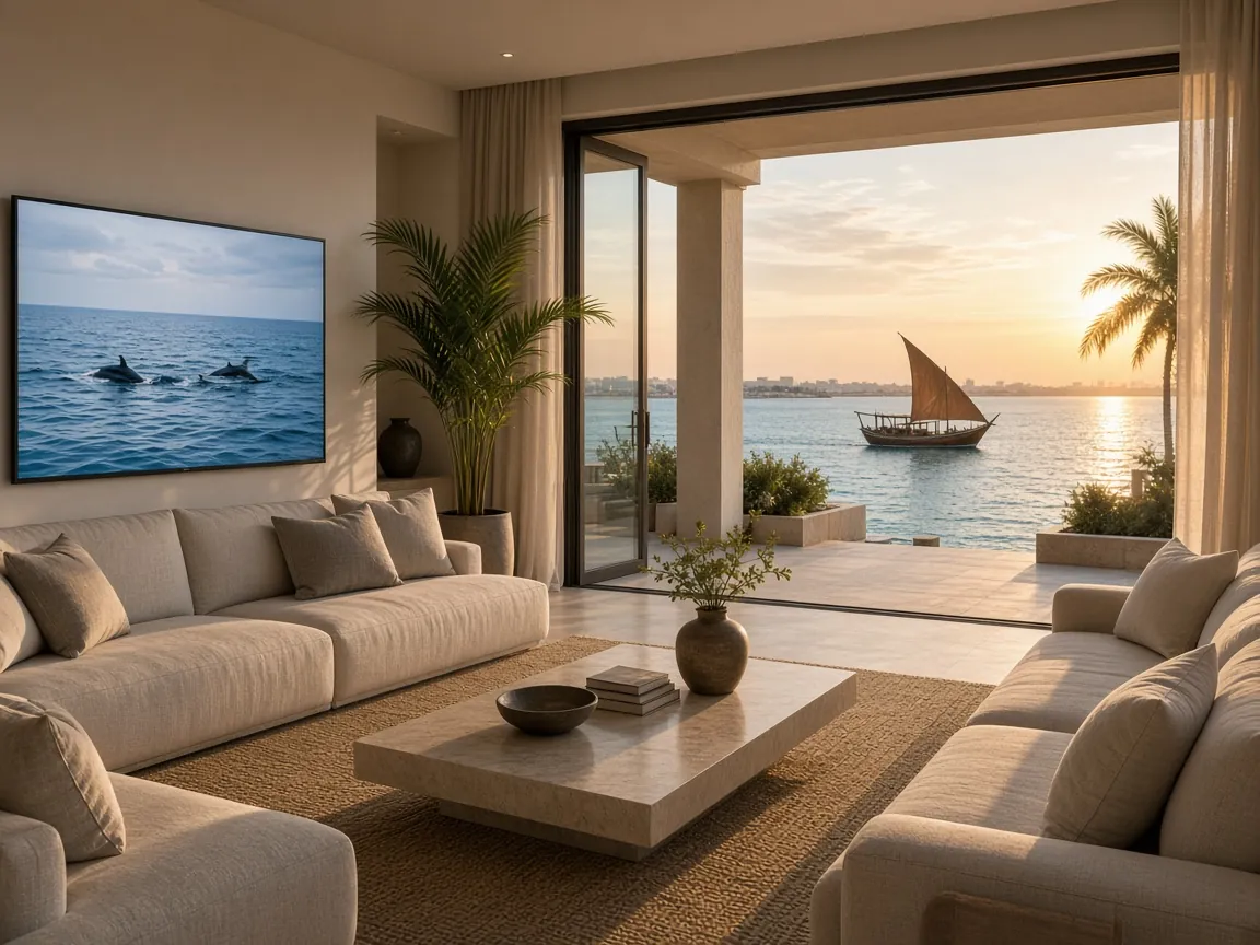 Villa living room on Kuwait Bay with a large TV