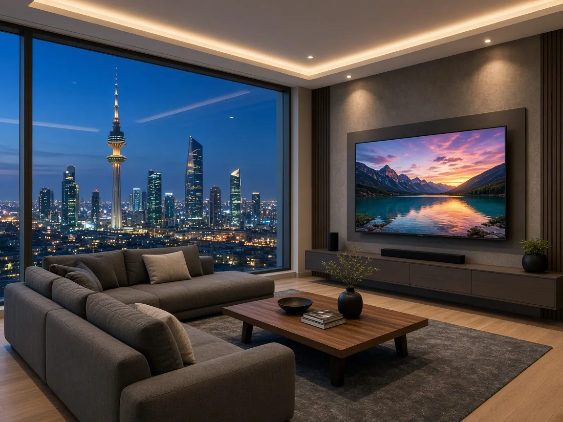 Kuwait City apartment with a smart TV and a view of Liberation Tower