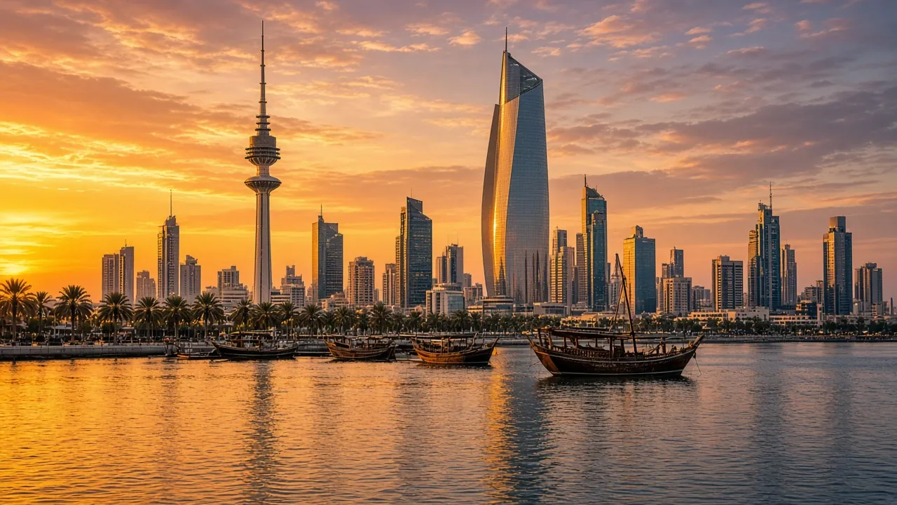 Kuwait City skyline with Liberation Tower at sunset